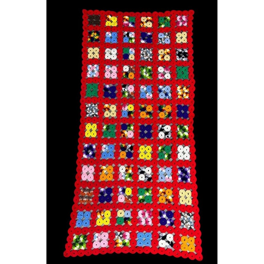 Vintage Afghan Crocheted Blanket Throw Red Rainbow Rings Handmade Retro Granny - Picture 2 of 8